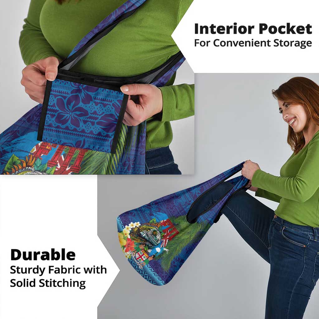 Fiji Iguana-Coat of Arms Grocery Bag with Hibiscus and Plumeria Palm Tree Tapa Art