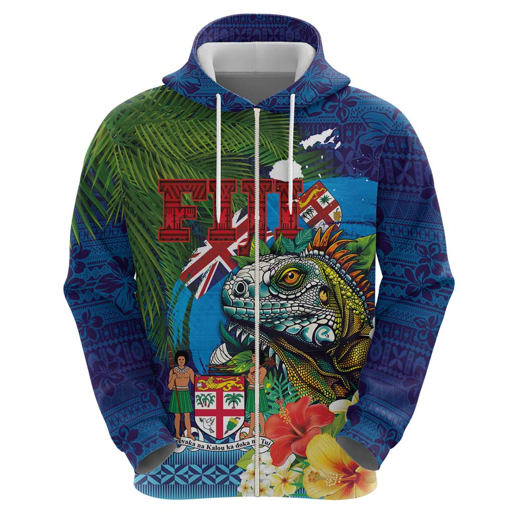 Fiji Iguana-Coat of Arms Hoodie with Hibiscus and Plumeria Palm Tree Tapa Art
