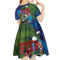 Fiji Iguana-Coat of Arms Kid Short Sleeve Dress with Hibiscus and Plumeria Palm Tree Tapa Art