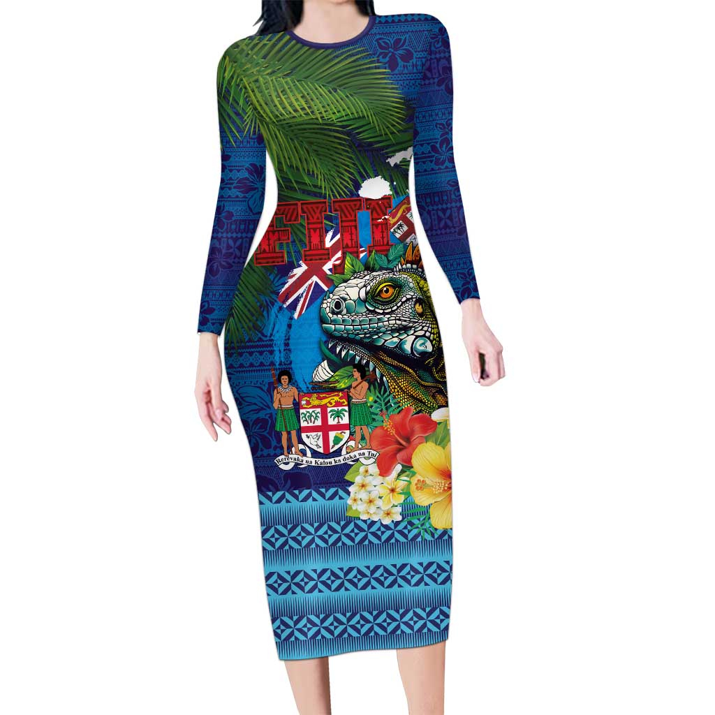 Fiji Iguana-Coat of Arms Long Sleeve Bodycon Dress with Hibiscus and Plumeria Palm Tree Tapa Art