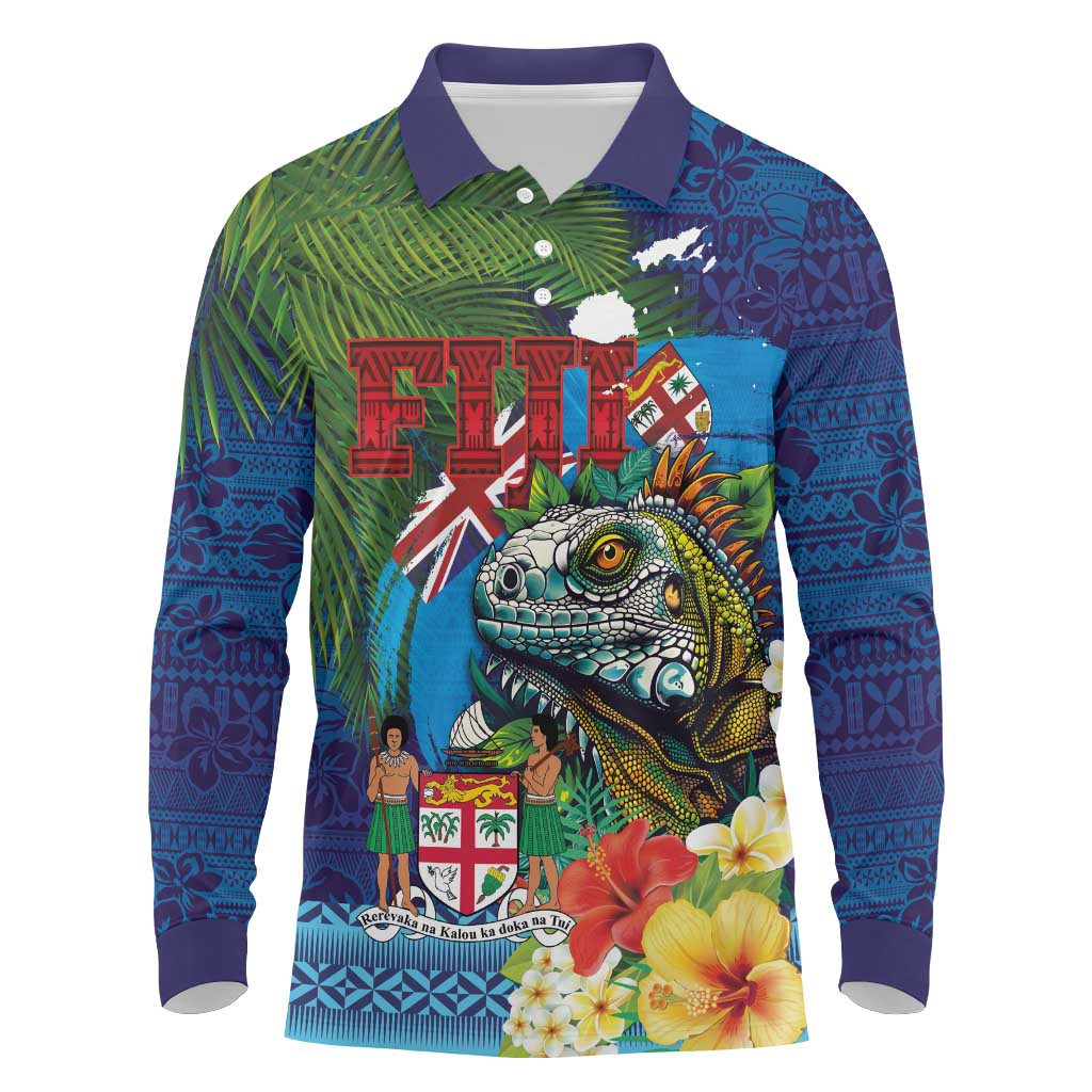 Fiji Iguana-Coat of Arms Long Sleeve Polo Shirt with Hibiscus and Plumeria Palm Tree Tapa Art