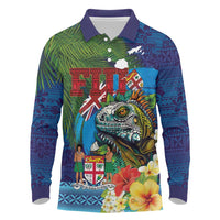 Fiji Iguana-Coat of Arms Long Sleeve Polo Shirt with Hibiscus and Plumeria Palm Tree Tapa Art