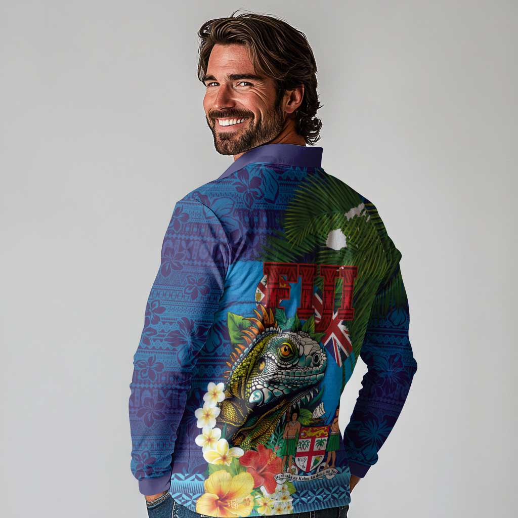 Fiji Iguana-Coat of Arms Long Sleeve Polo Shirt with Hibiscus and Plumeria Palm Tree Tapa Art