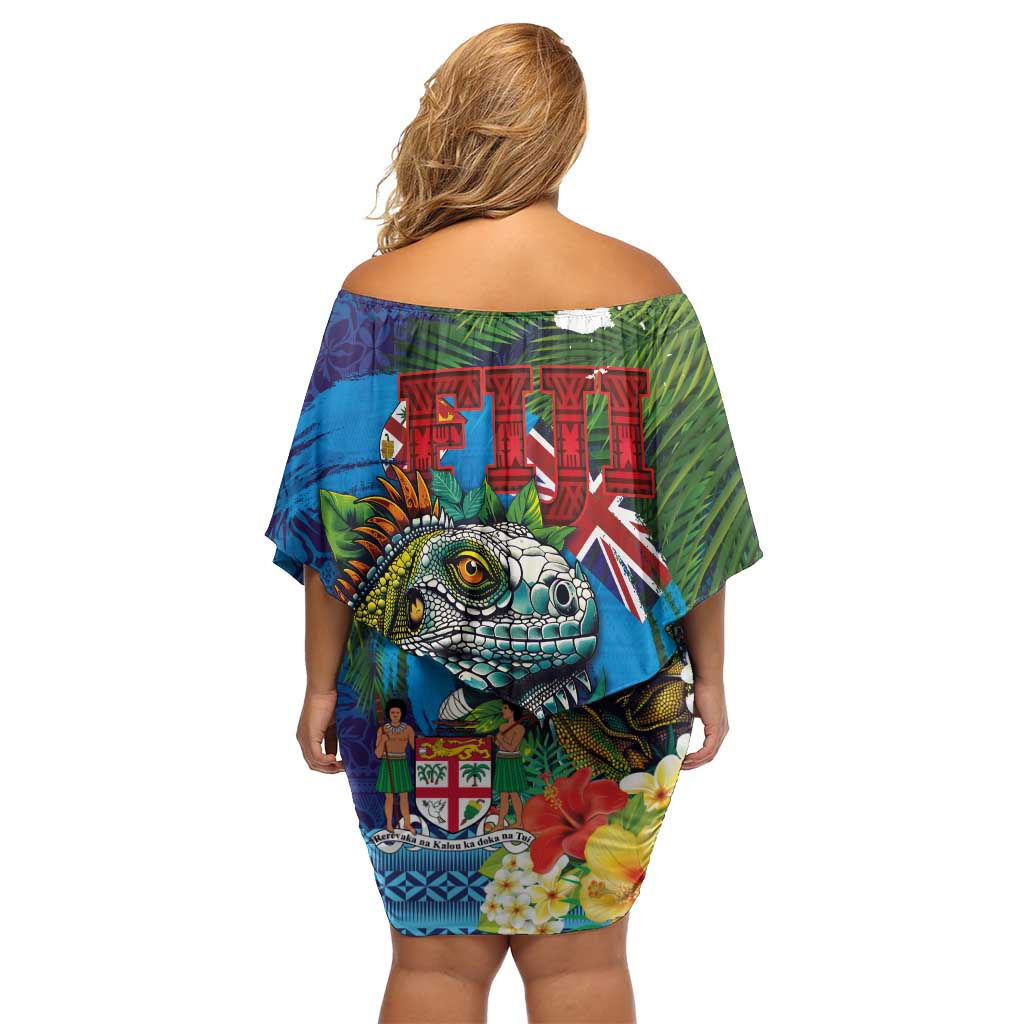 Fiji Iguana-Coat of Arms Off Shoulder Short Dress with Hibiscus and Plumeria Palm Tree Tapa Art