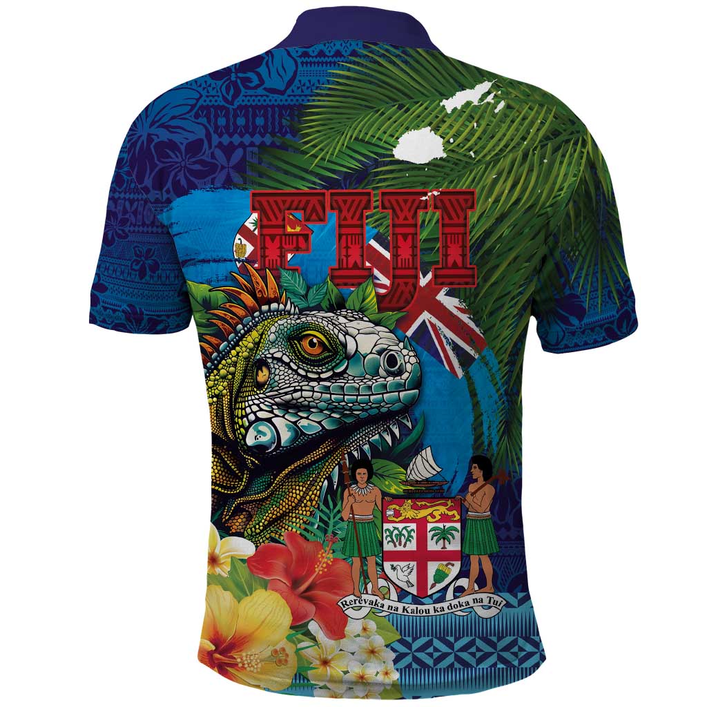 Fiji Iguana-Coat of Arms Polo Shirt with Hibiscus and Plumeria Palm Tree Tapa Art