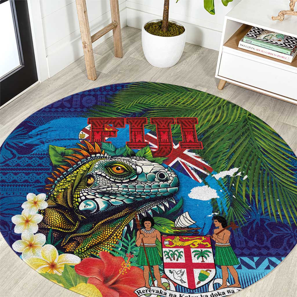 Fiji Iguana-Coat of Arms Round Carpet with Hibiscus and Plumeria Palm Tree Tapa Art