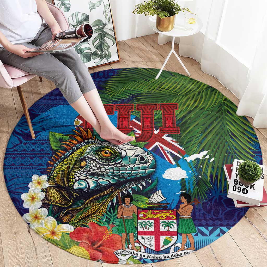 Fiji Iguana-Coat of Arms Round Carpet with Hibiscus and Plumeria Palm Tree Tapa Art