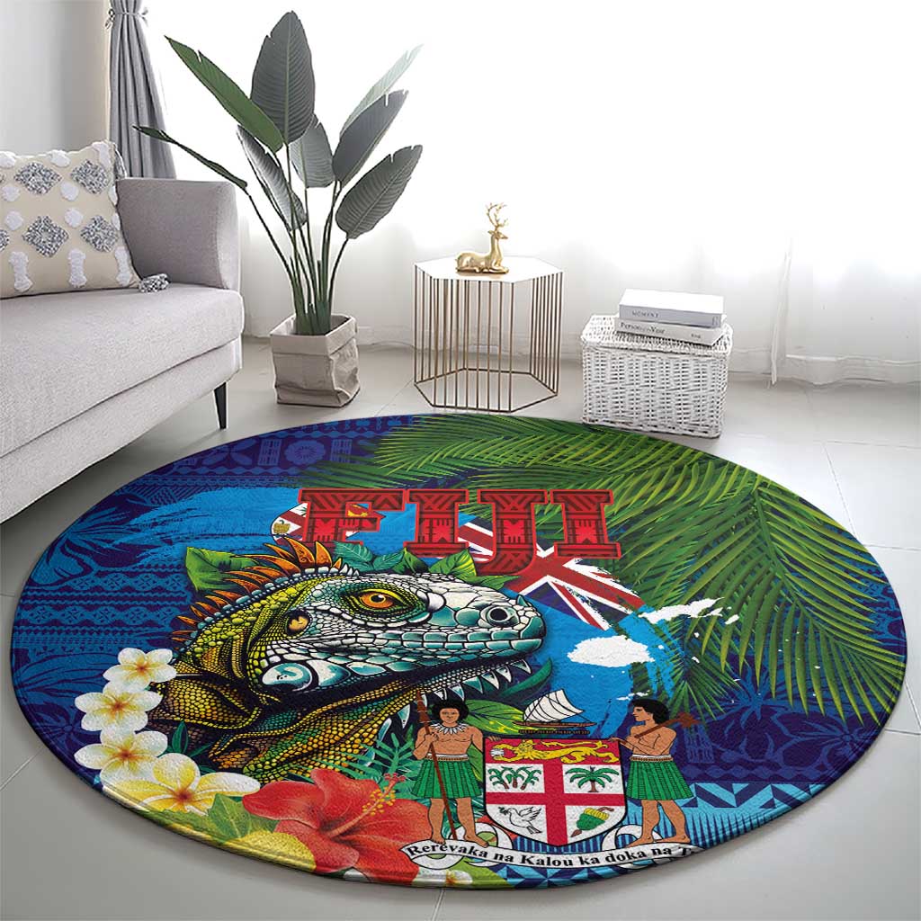 Fiji Iguana-Coat of Arms Round Carpet with Hibiscus and Plumeria Palm Tree Tapa Art