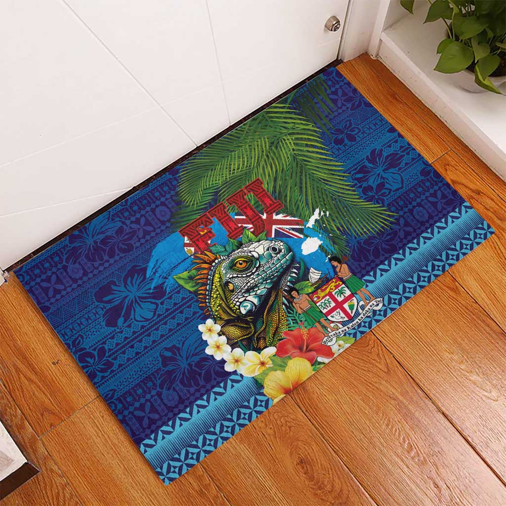Fiji Iguana-Coat of Arms Rubber Doormat with Hibiscus and Plumeria Palm Tree Tapa Art