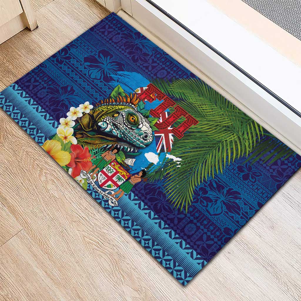 Fiji Iguana-Coat of Arms Rubber Doormat with Hibiscus and Plumeria Palm Tree Tapa Art