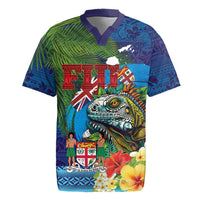 Fiji Iguana-Coat of Arms Rugby Jersey with Hibiscus and Plumeria Palm Tree Tapa Art