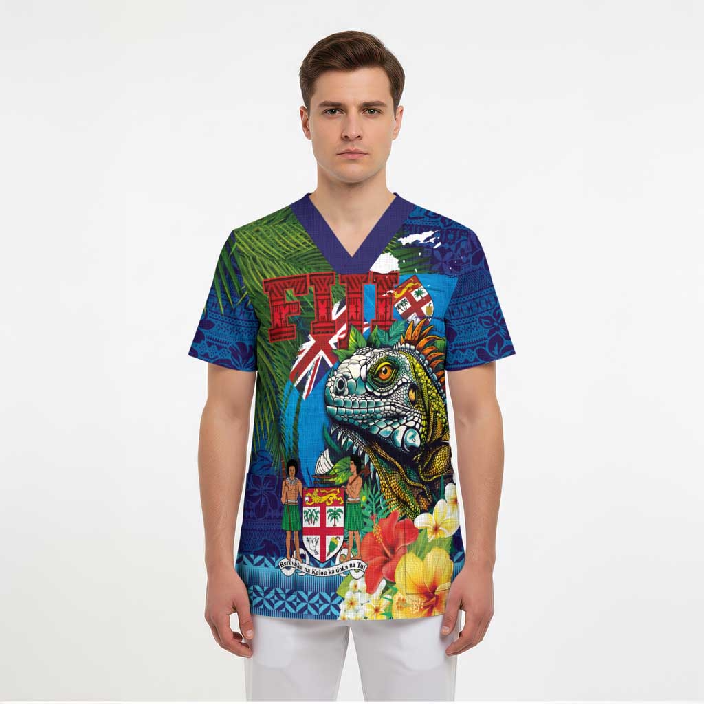 Fiji Iguana-Coat of Arms Scrub Top with Hibiscus and Plumeria Palm Tree Tapa Art - Polynesian Pride