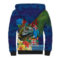 Fiji Iguana-Coat of Arms Sherpa Hoodie with Hibiscus and Plumeria Palm Tree Tapa Art