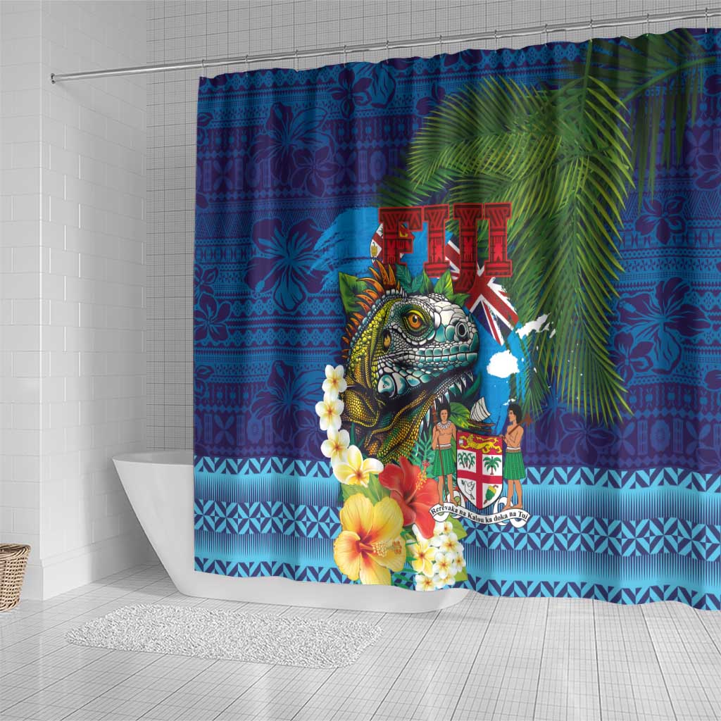 Fiji Iguana-Coat of Arms Shower Curtain with Hibiscus and Plumeria Palm Tree Tapa Art