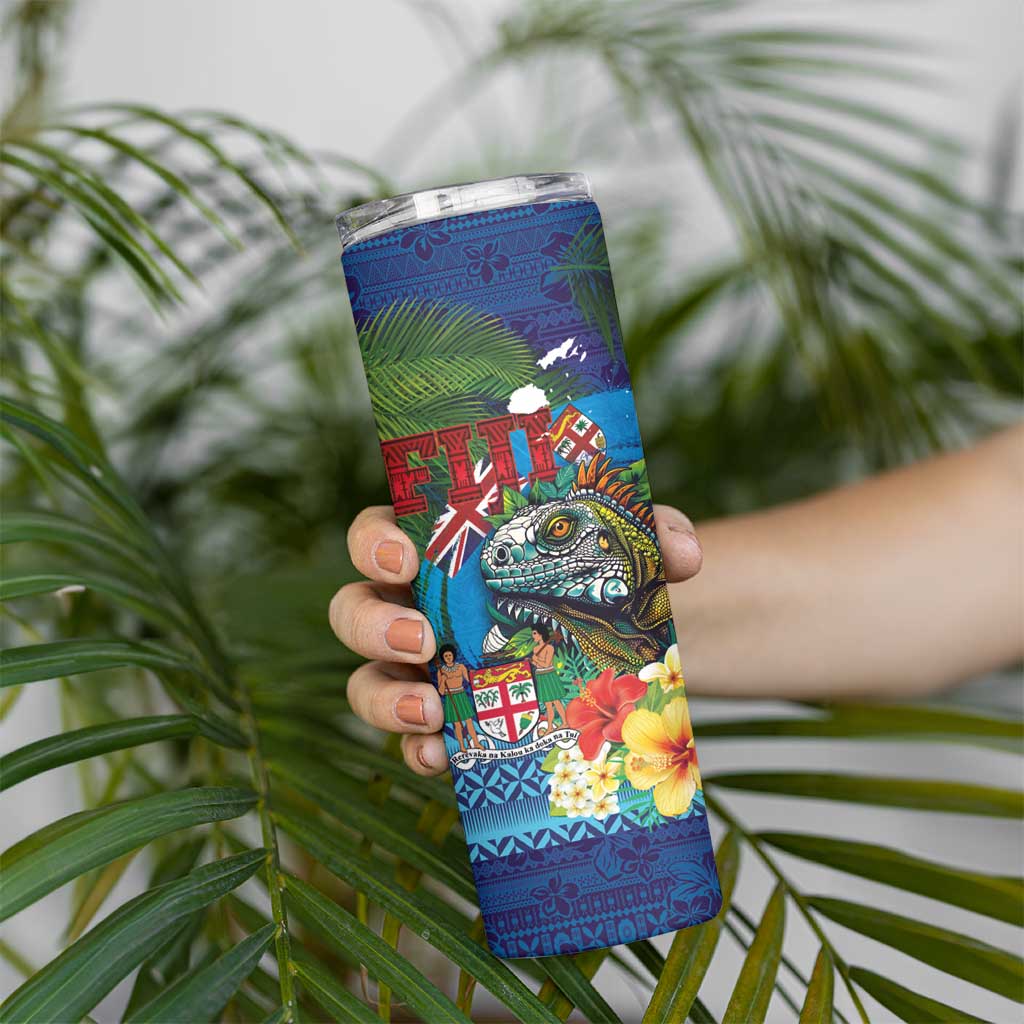 Fiji Iguana-Coat of Arms Skinny Tumbler with Hibiscus and Plumeria Palm Tree Tapa Art