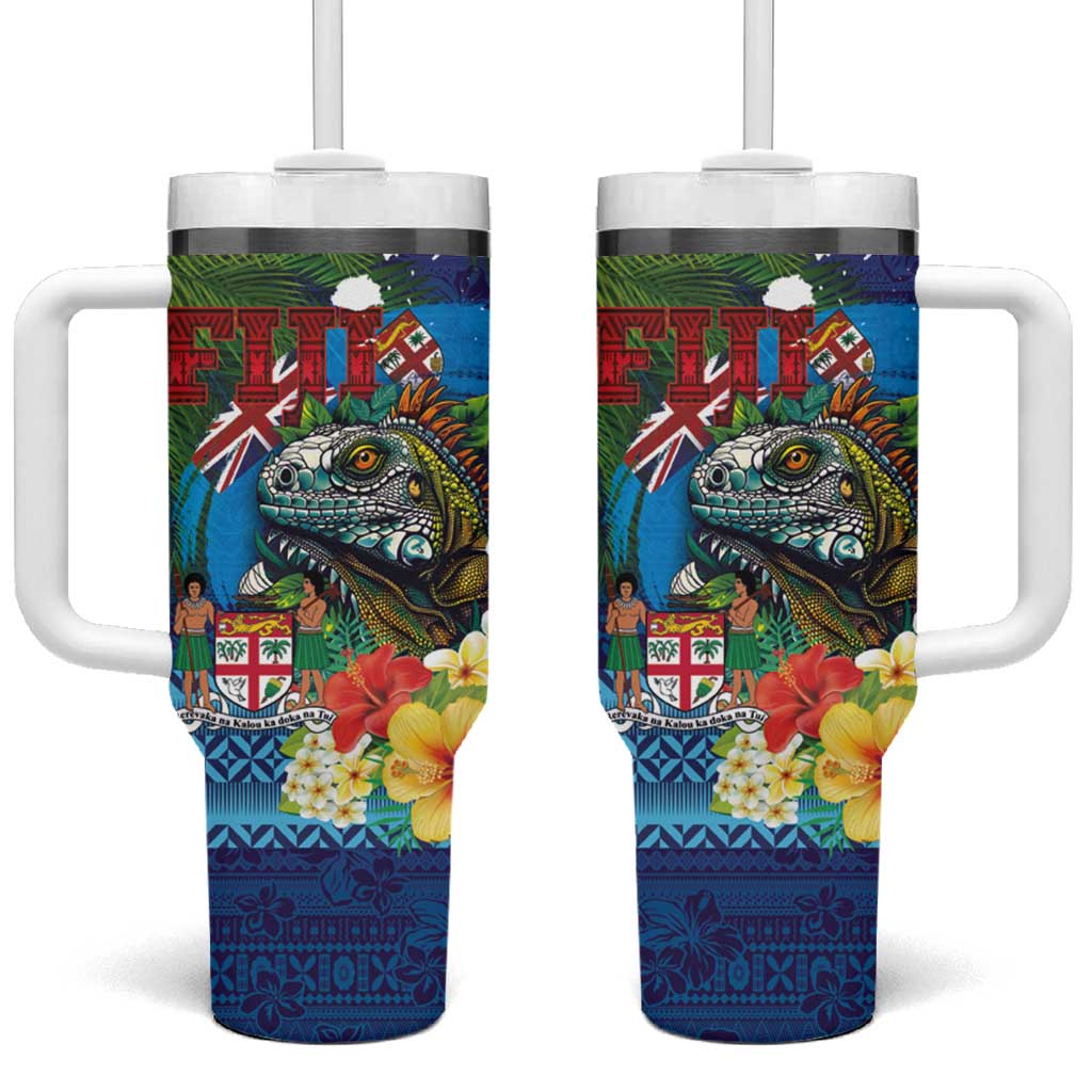 Fiji Iguana-Coat of Arms Tumbler With Handle with Hibiscus and Plumeria Palm Tree Tapa Art