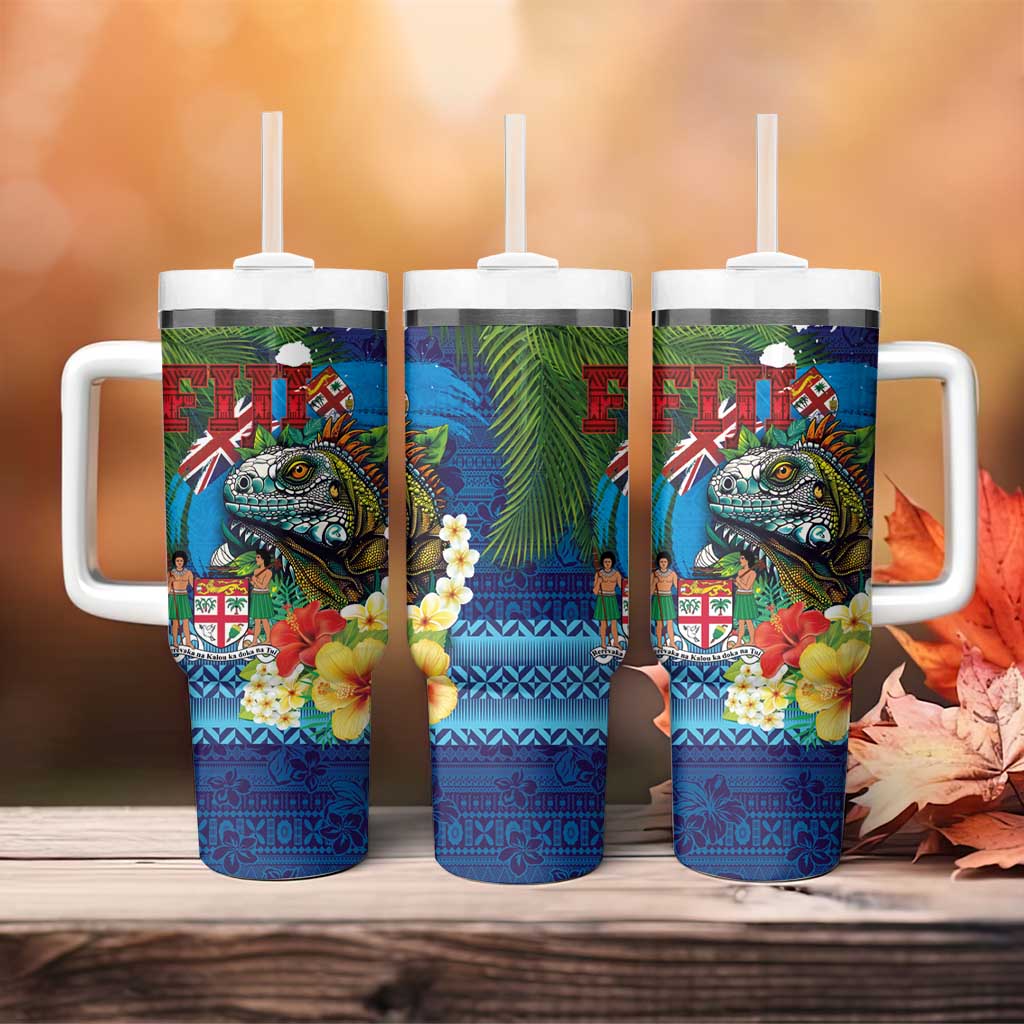 Fiji Iguana-Coat of Arms Tumbler With Handle with Hibiscus and Plumeria Palm Tree Tapa Art