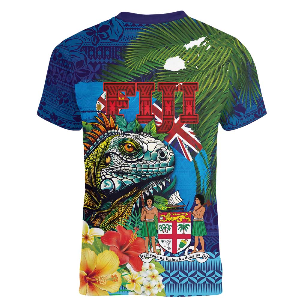 Fiji Iguana-Coat of Arms Women V-Neck T-Shirt with Hibiscus and Plumeria Palm Tree Tapa Art