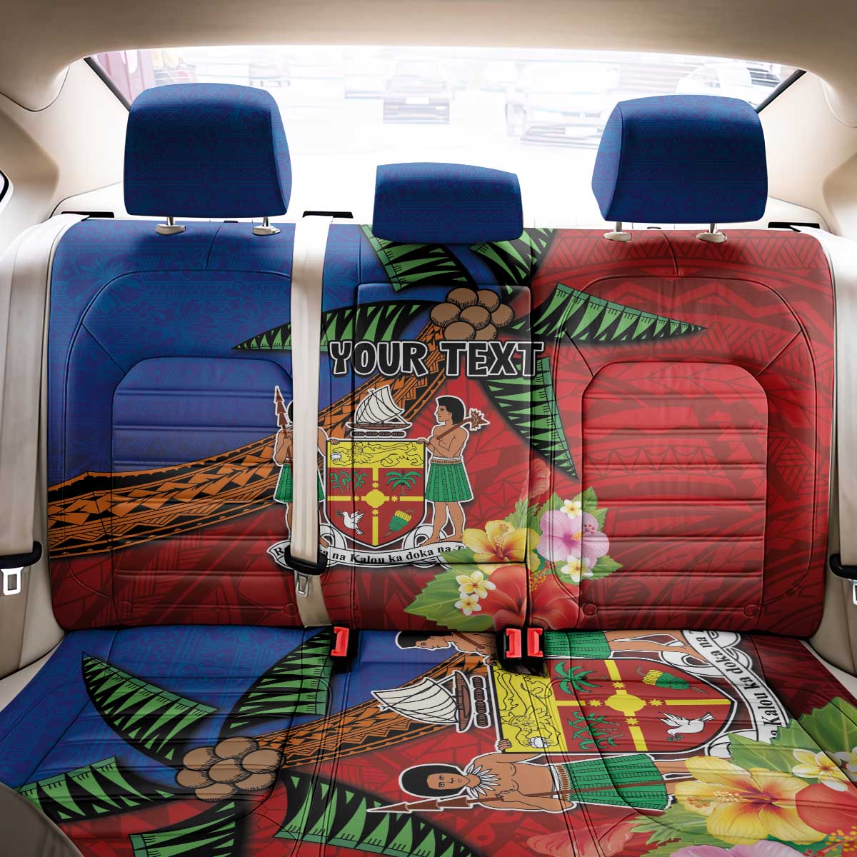 Personalised Fiji and Rotuma Together Back Car Seat Cover Fjian Masi and Pacific Pattern Mix Culture