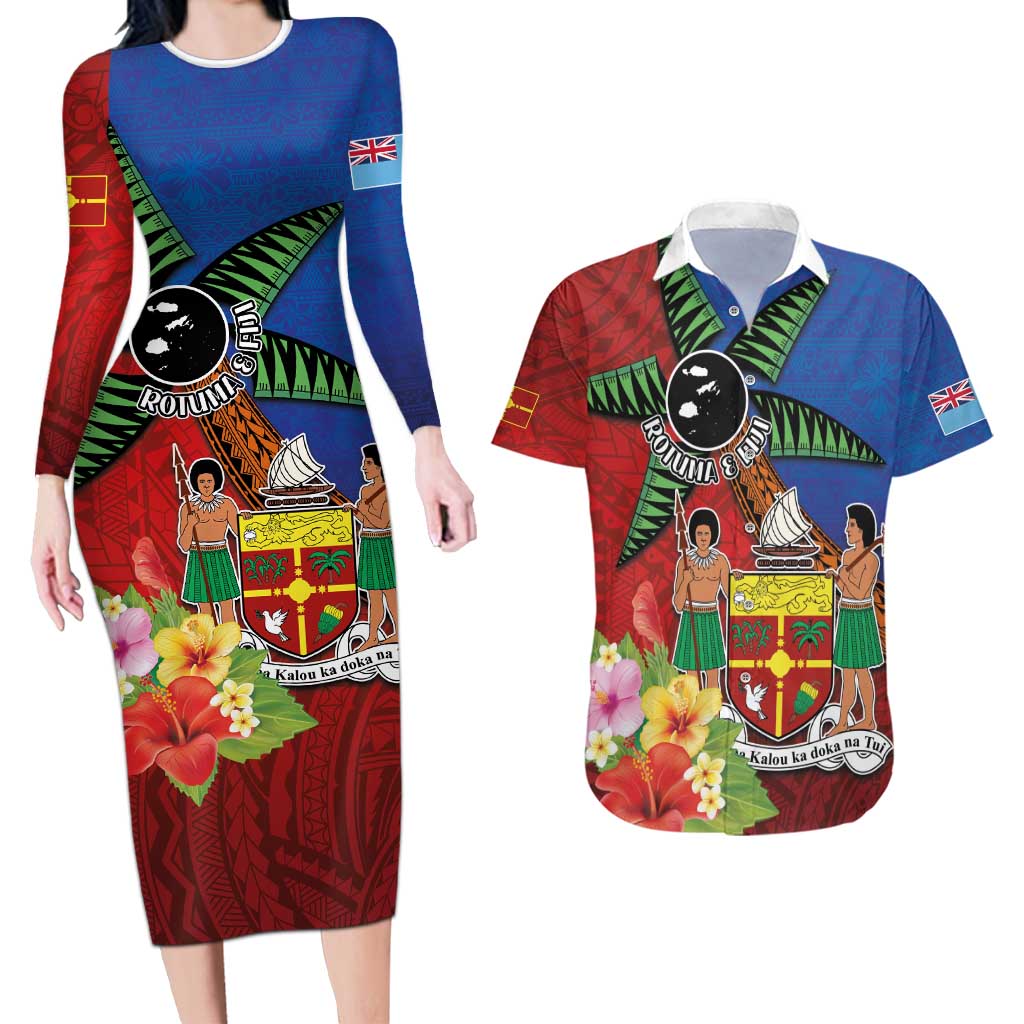 Personalised Fiji and Rotuma Together Couples Matching Long Sleeve Bodycon Dress and Hawaiian Shirt Fjian Masi and Pacific Pattern Mix Culture