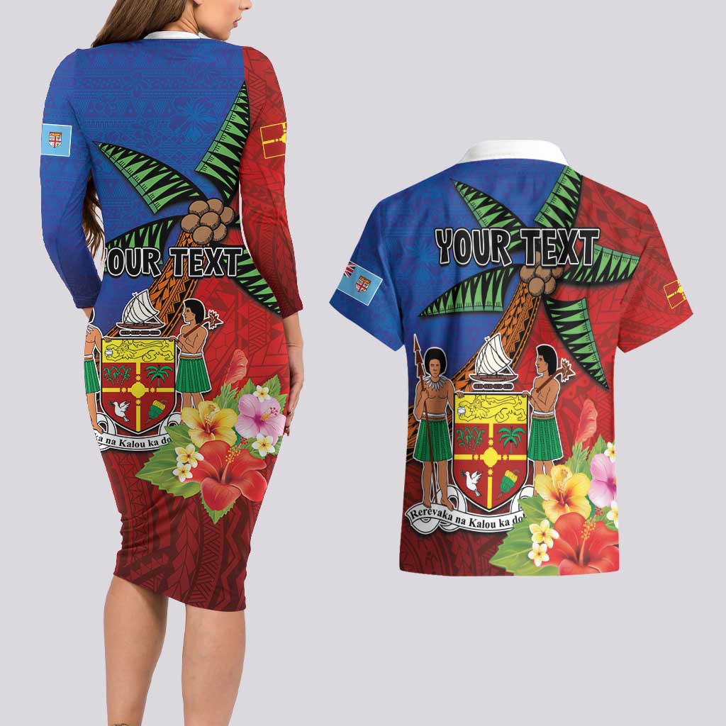 Personalised Fiji and Rotuma Together Couples Matching Long Sleeve Bodycon Dress and Hawaiian Shirt Fjian Masi and Pacific Pattern Mix Culture