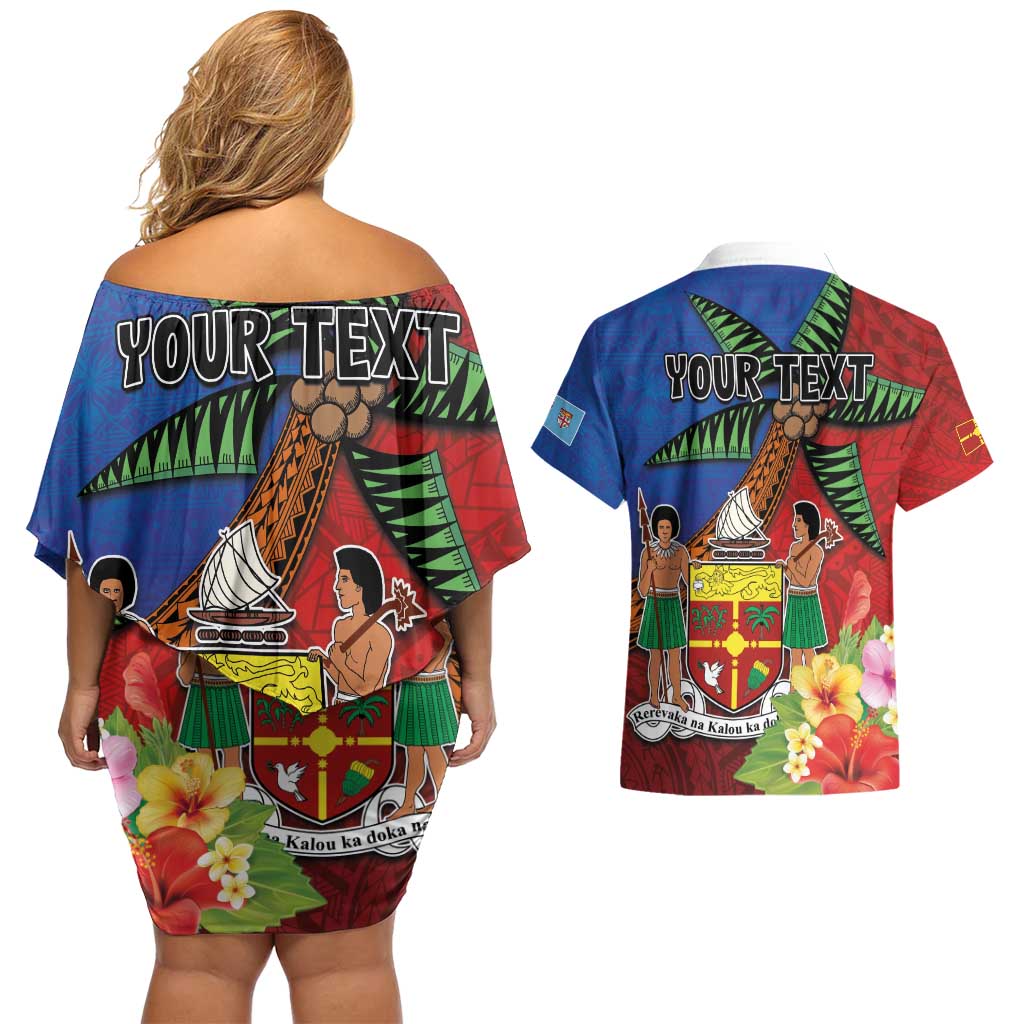 Personalised Fiji and Rotuma Together Couples Matching Off Shoulder Short Dress and Hawaiian Shirt Fjian Masi and Pacific Pattern Mix Culture
