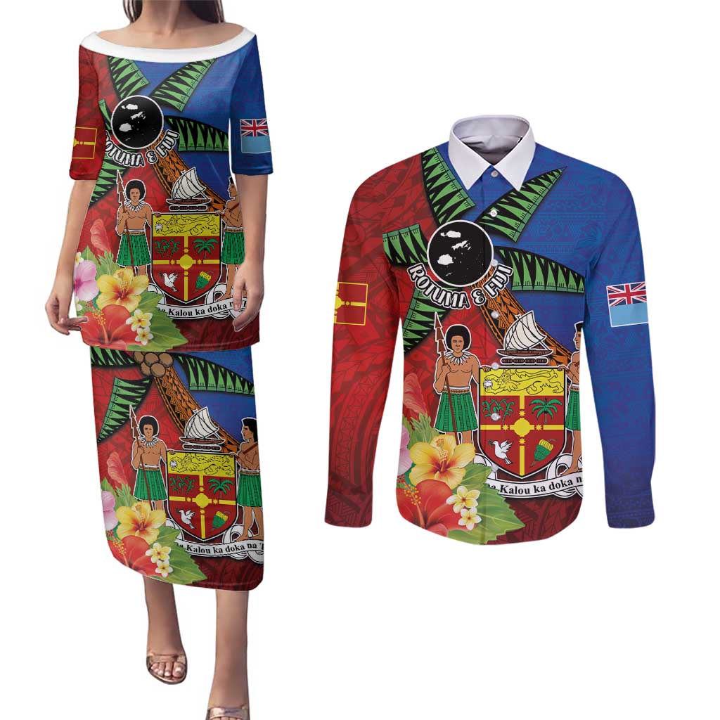 Personalised Fiji and Rotuma Together Couples Matching Puletasi and Long Sleeve Button Shirt Fjian Masi and Pacific Pattern Mix Culture