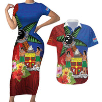 Personalised Fiji and Rotuma Together Couples Matching Short Sleeve Bodycon Dress and Hawaiian Shirt Fjian Masi and Pacific Pattern Mix Culture
