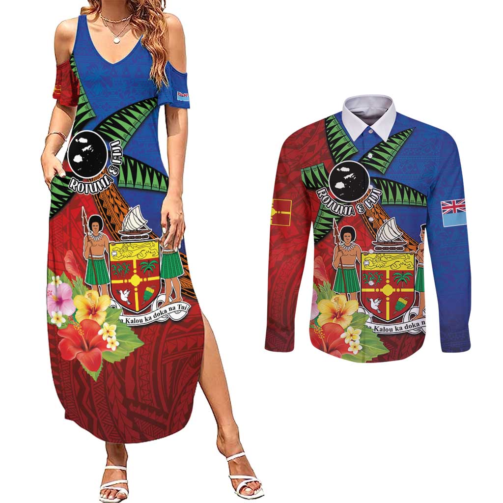 Personalised Fiji and Rotuma Together Couples Matching Summer Maxi Dress and Long Sleeve Button Shirt Fjian Masi and Pacific Pattern Mix Culture