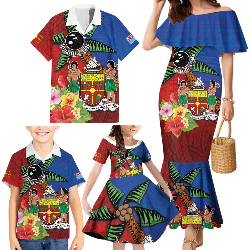 Personalised Fiji and Rotuma Together Family Matching Mermaid Dress and Hawaiian Shirt Fjian Masi and Pacific Pattern Mix Culture