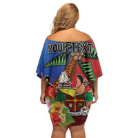 Personalised Fiji and Rotuma Together Family Matching Off Shoulder Short Dress and Hawaiian Shirt Fjian Masi and Pacific Pattern Mix Culture
