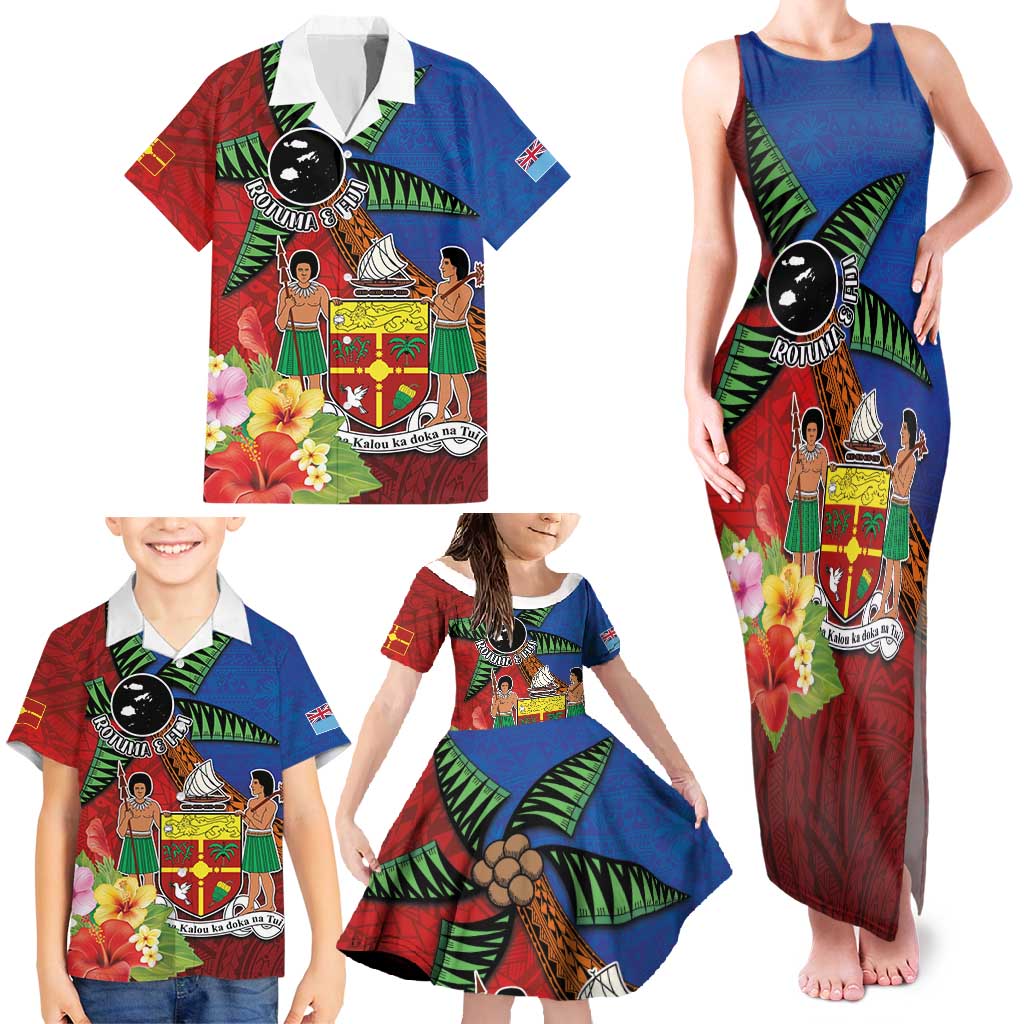 Personalised Fiji and Rotuma Together Family Matching Tank Maxi Dress and Hawaiian Shirt Fjian Masi and Pacific Pattern Mix Culture