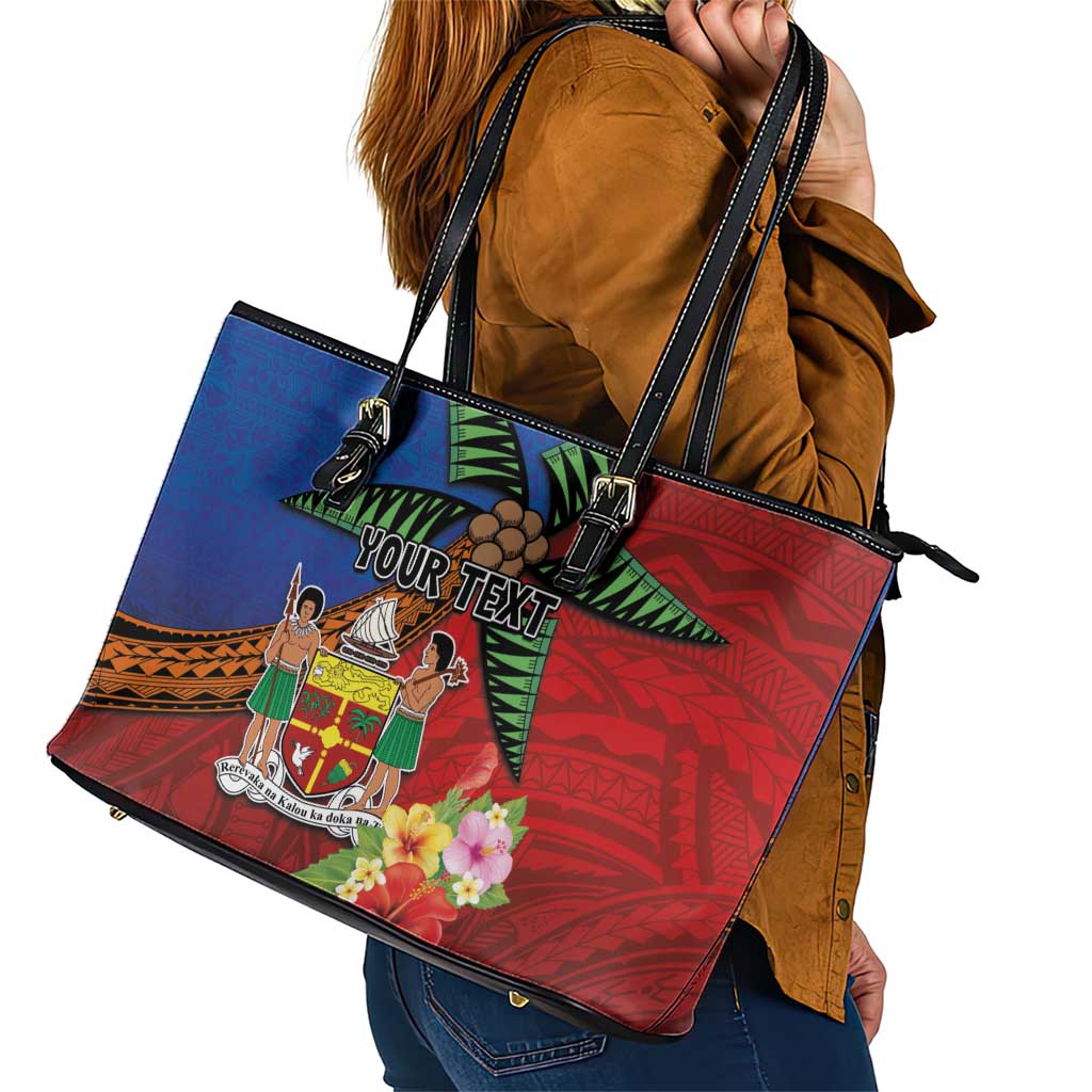Personalised Fiji and Rotuma Together Leather Tote Bag Fjian Masi and Pacific Pattern Mix Culture