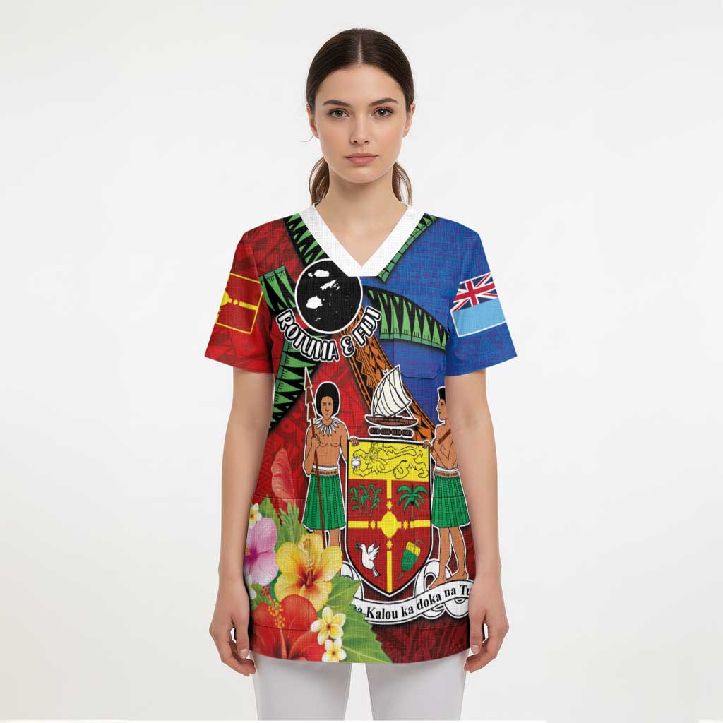 Personalised Fiji and Rotuma Together Scrub Top Fjian Masi and Pacific Pattern Mix Culture - Polynesian Pride