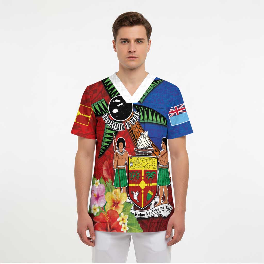 Personalised Fiji and Rotuma Together Scrub Top Fjian Masi and Pacific Pattern Mix Culture - Polynesian Pride