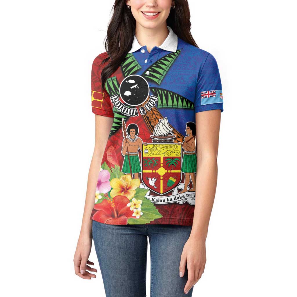 Personalised Fiji and Rotuma Together Women Polo Shirt Fjian Masi and Pacific Pattern Mix Culture