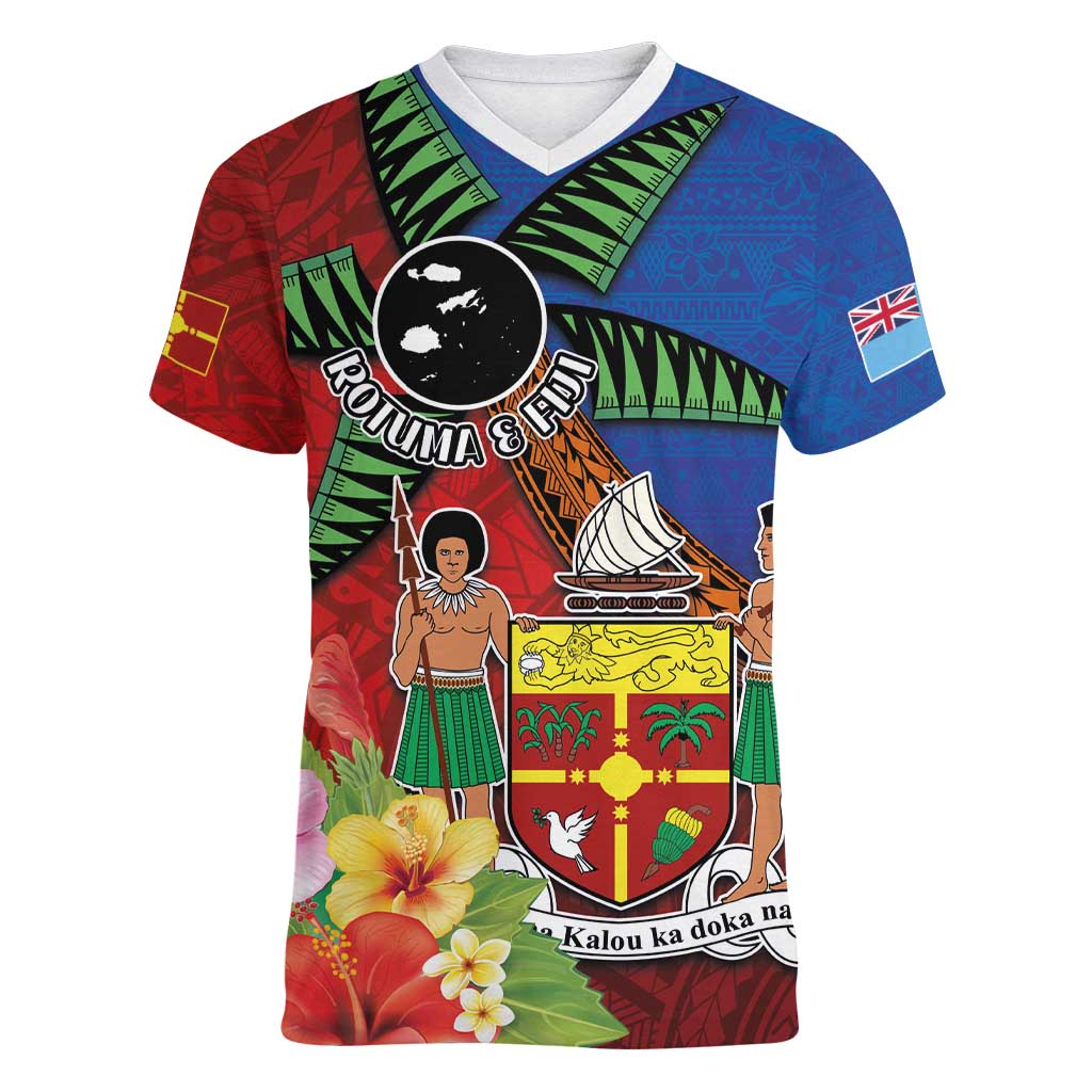 Personalised Fiji and Rotuma Together Women V-Neck T-Shirt Fjian Masi and Pacific Pattern Mix Culture