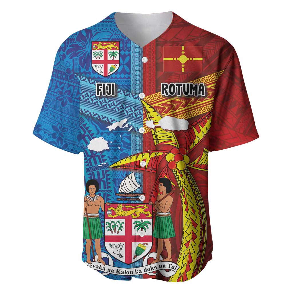 Personalised Fiji and Rotuma Together Baseball Jersey Tapa and Pacific Art Pattern with Cultural Emblems Half Style