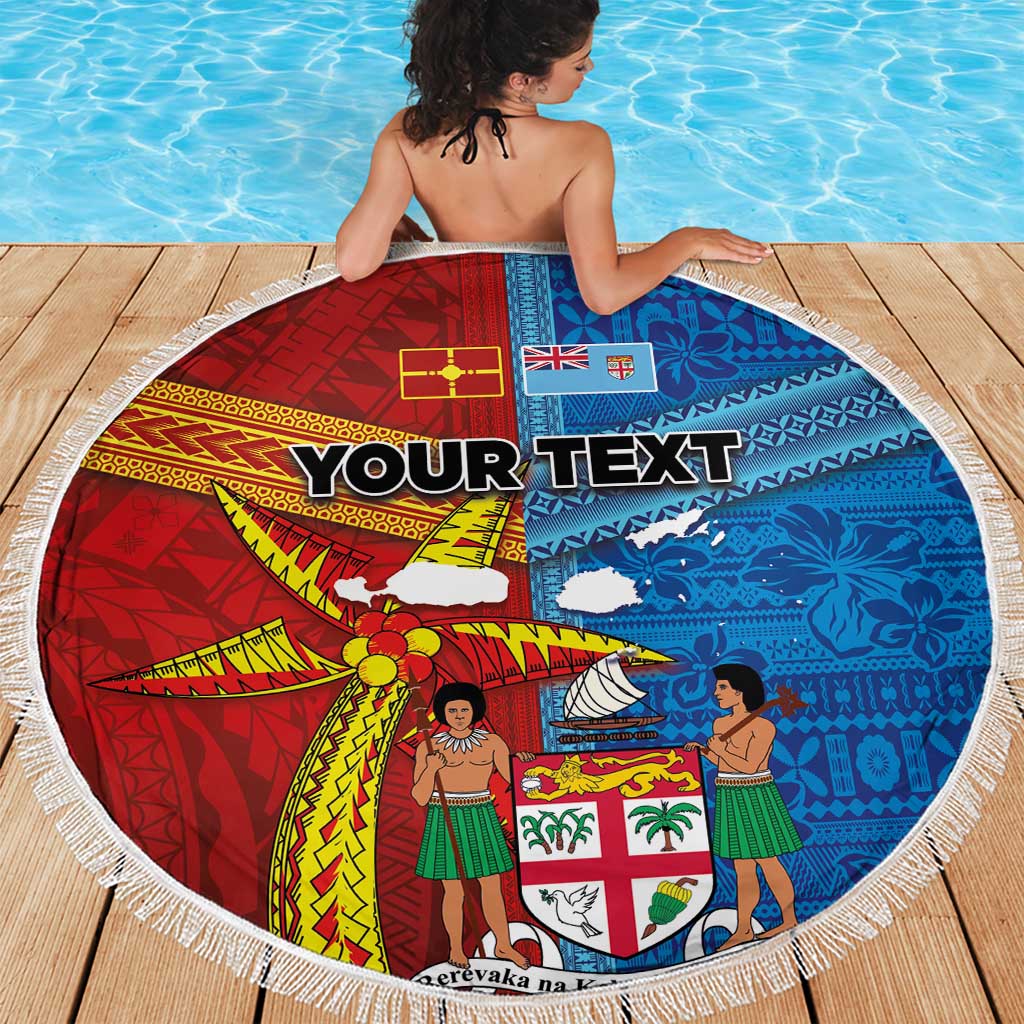 Personalised Fiji and Rotuma Together Beach Blanket Tapa and Pacific Art Pattern with Cultural Emblems Half Style
