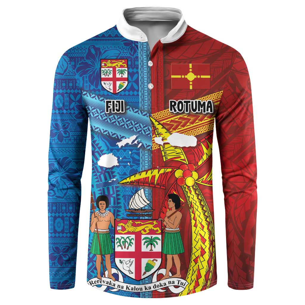 Personalised Fiji and Rotuma Together Button Sweatshirt Tapa and Pacific Art Pattern with Cultural Emblems Half Style