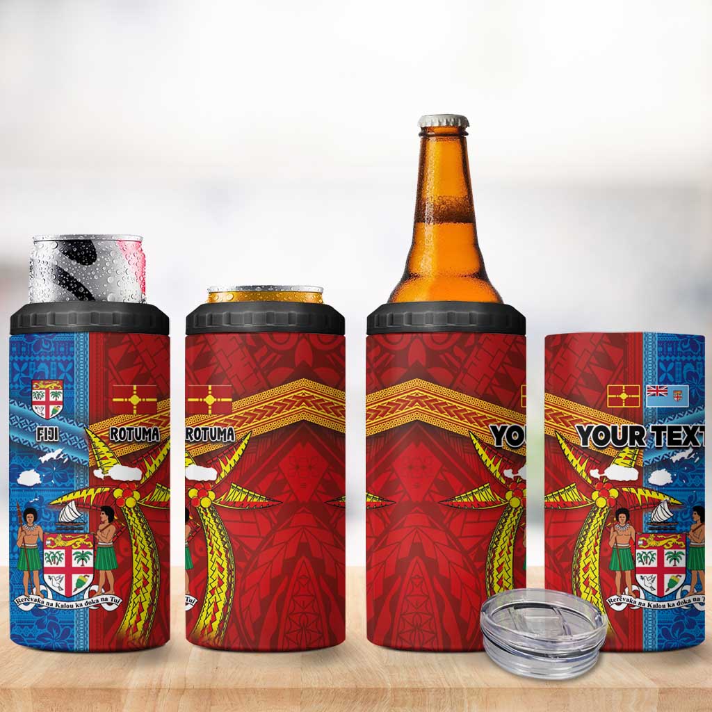 Personalised Fiji and Rotuma Together 4 in 1 Can Cooler Tumbler Tapa and Pacific Art Pattern with Cultural Emblems Half Style