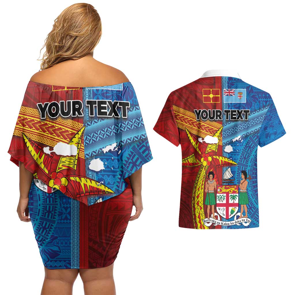 Personalised Fiji and Rotuma Together Couples Matching Off Shoulder Short Dress and Hawaiian Shirt Tapa and Pacific Art Pattern with Cultural Emblems Half Style