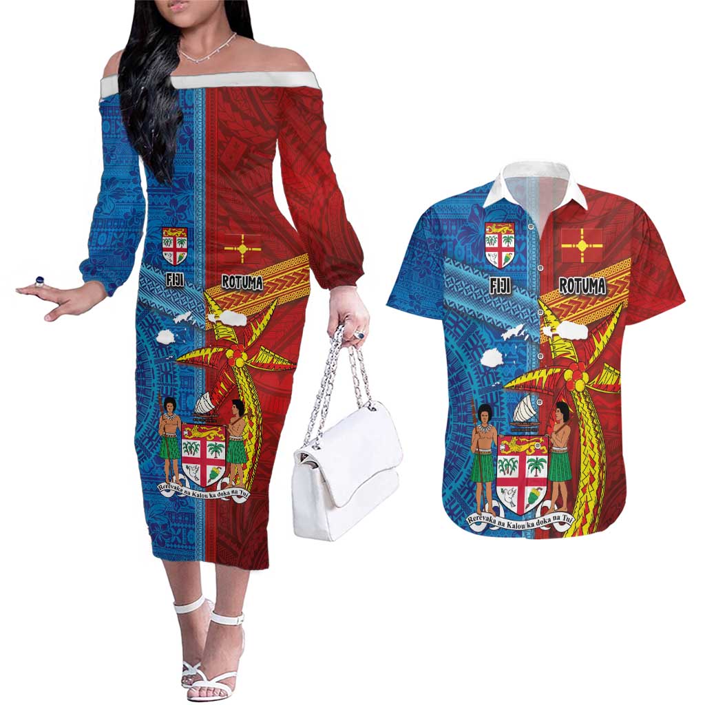 Personalised Fiji and Rotuma Together Couples Matching Off The Shoulder Long Sleeve Dress and Hawaiian Shirt Tapa and Pacific Art Pattern with Cultural Emblems Half Style