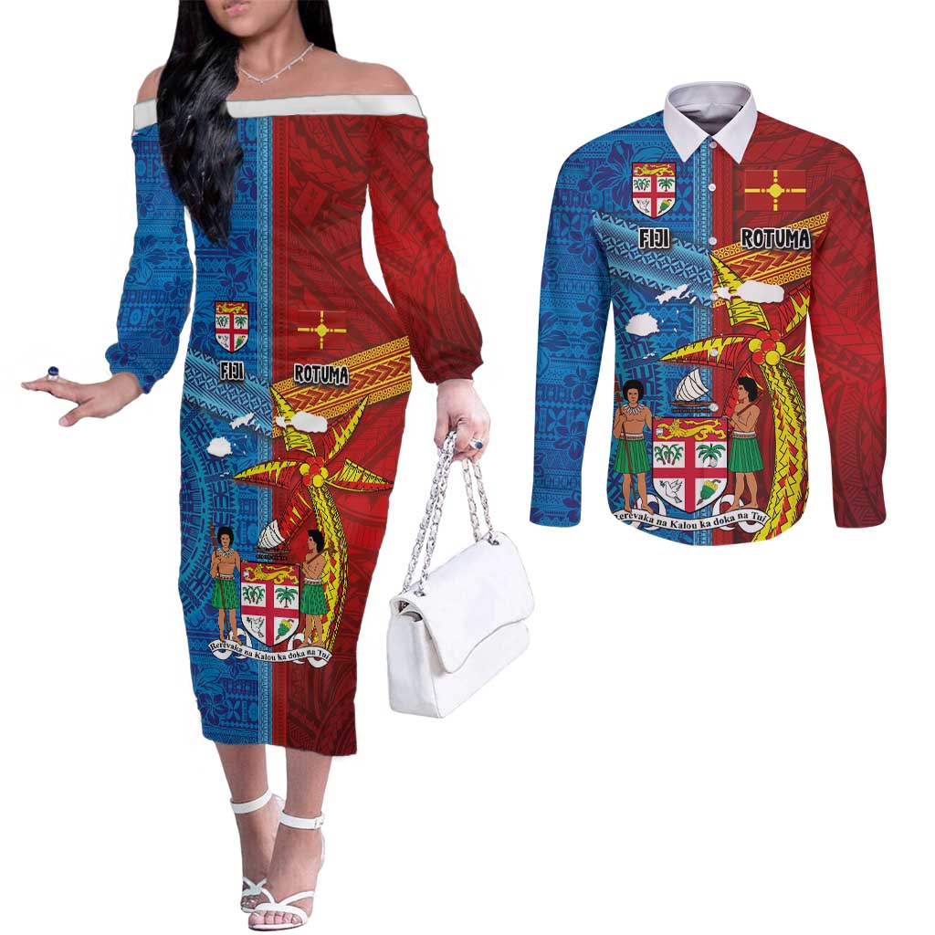 Personalised Fiji and Rotuma Together Couples Matching Off The Shoulder Long Sleeve Dress and Long Sleeve Button Shirt Tapa and Pacific Art Pattern with Cultural Emblems Half Style