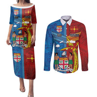 Personalised Fiji and Rotuma Together Couples Matching Puletasi and Long Sleeve Button Shirt Tapa and Pacific Art Pattern with Cultural Emblems Half Style LT03 Red - Polynesian Pride