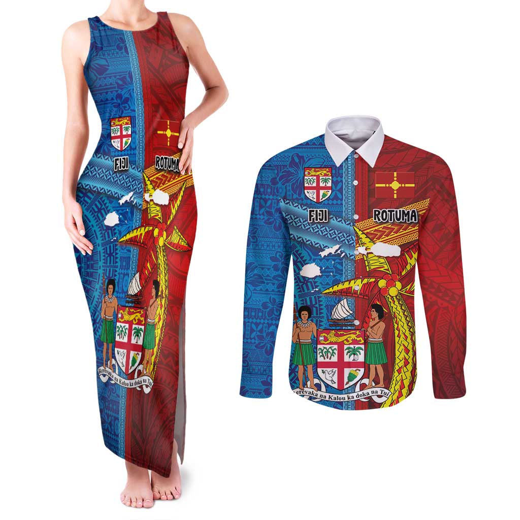 Personalised Fiji and Rotuma Together Couples Matching Tank Maxi Dress and Long Sleeve Button Shirt Tapa and Pacific Art Pattern with Cultural Emblems Half Style