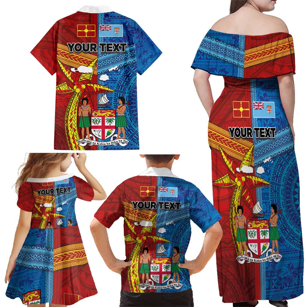 Personalised Fiji and Rotuma Together Family Matching Off Shoulder Maxi Dress and Hawaiian Shirt Tapa and Pacific Art Pattern with Cultural Emblems Half Style