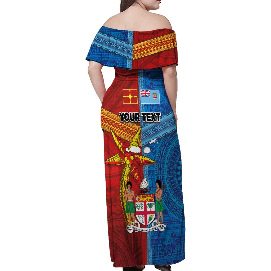 Personalised Fiji and Rotuma Together Family Matching Off Shoulder Maxi Dress and Hawaiian Shirt Tapa and Pacific Art Pattern with Cultural Emblems Half Style