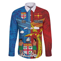 Personalised Fiji and Rotuma Together Family Matching Off Shoulder Short Dress and Hawaiian Shirt Tapa and Pacific Art Pattern with Cultural Emblems Half Style LT03 Dad's Shirt - Long Sleeve Red - Polynesian Pride