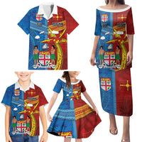 Personalised Fiji and Rotuma Together Family Matching Puletasi and Hawaiian Shirt Tapa and Pacific Art Pattern with Cultural Emblems Half Style